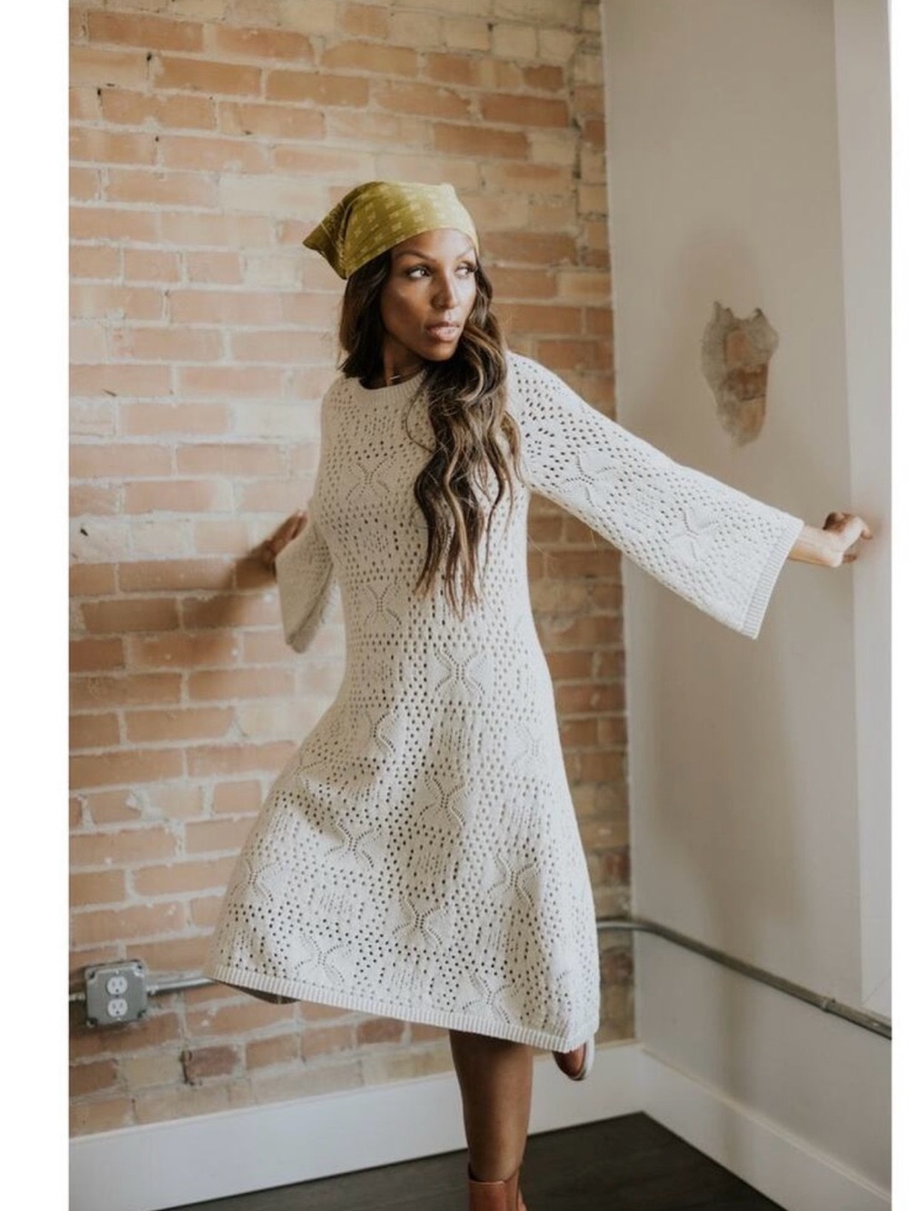 Roolee Salt Daw Open Work Sweater Knit A-Line Dress